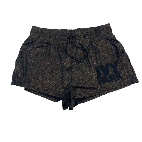 Ivy Park Womens M Gold Black Metallic Shorts Spellout Logo Athlesiure Drawstring - Picture 1 of 14